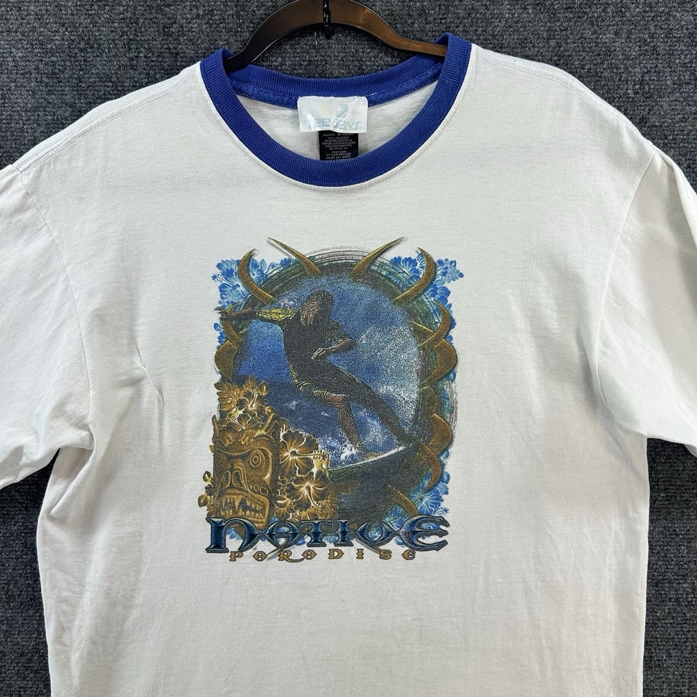 Vintage Ringer Surfing T-shirt White/Blue Raglan Medium Rockabilly Grunge Y2K